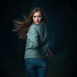 A beautiful woman with a frightened expression, running through a dark, eerie forest