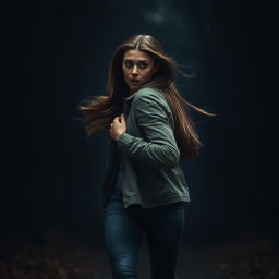 A beautiful woman with a frightened expression, running through a dark, eerie forest