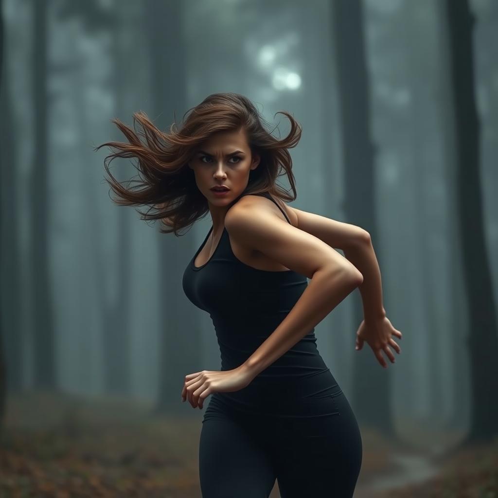 A beautiful woman with an expression of fear, sprinting through a dark, misty forest