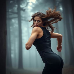 A beautiful woman with an expression of fear, sprinting through a dark, misty forest