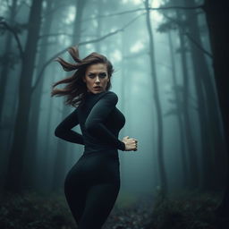 A beautiful woman with an expression of fear, sprinting through a dark, misty forest