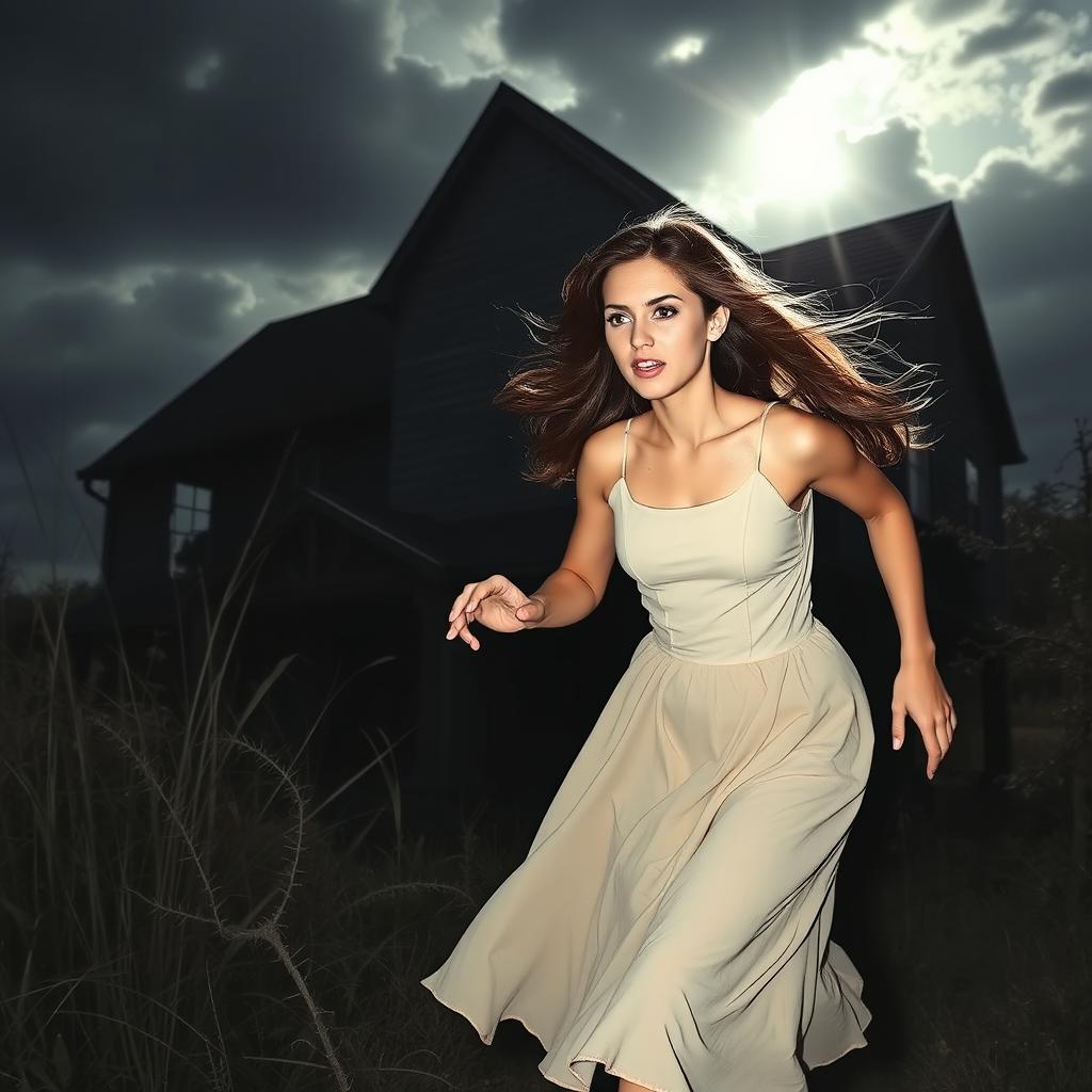 A beautiful young woman with an expression of fear on her face, running away from an old, decrepit house