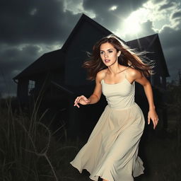 A beautiful young woman with an expression of fear on her face, running away from an old, decrepit house