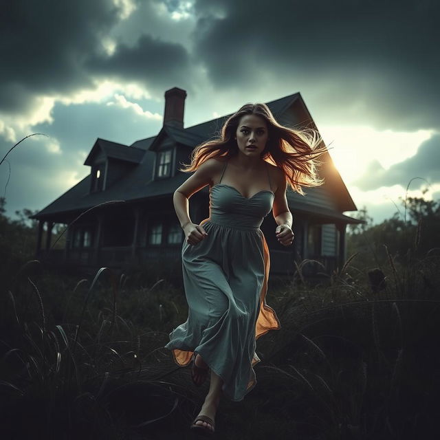 A beautiful young woman with an expression of fear on her face, running away from an old, decrepit house