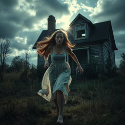 A beautiful young woman with an expression of fear on her face, running away from an old, decrepit house