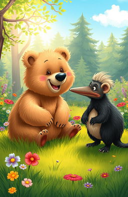 A whimsical scene featuring a friendly bear and an anteater engaged in a delightful interaction