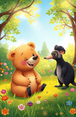 A whimsical scene featuring a friendly bear and an anteater engaged in a delightful interaction