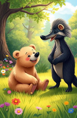 A whimsical scene featuring a friendly bear and an anteater engaged in a delightful interaction