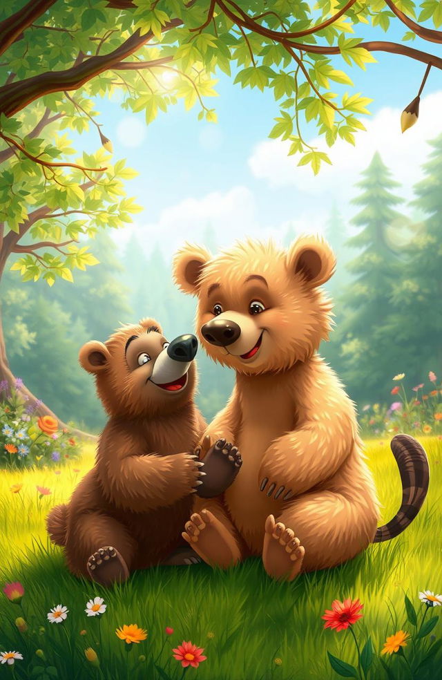 A whimsical scene featuring a friendly bear and an anteater engaged in a delightful interaction