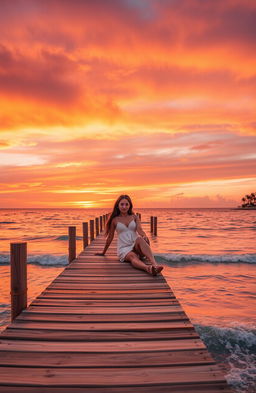 A tranquil sunset scene at a beach, with vibrant orange and pink hues filling the sky