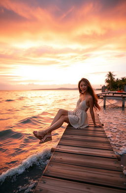 A tranquil sunset scene at a beach, with vibrant orange and pink hues filling the sky