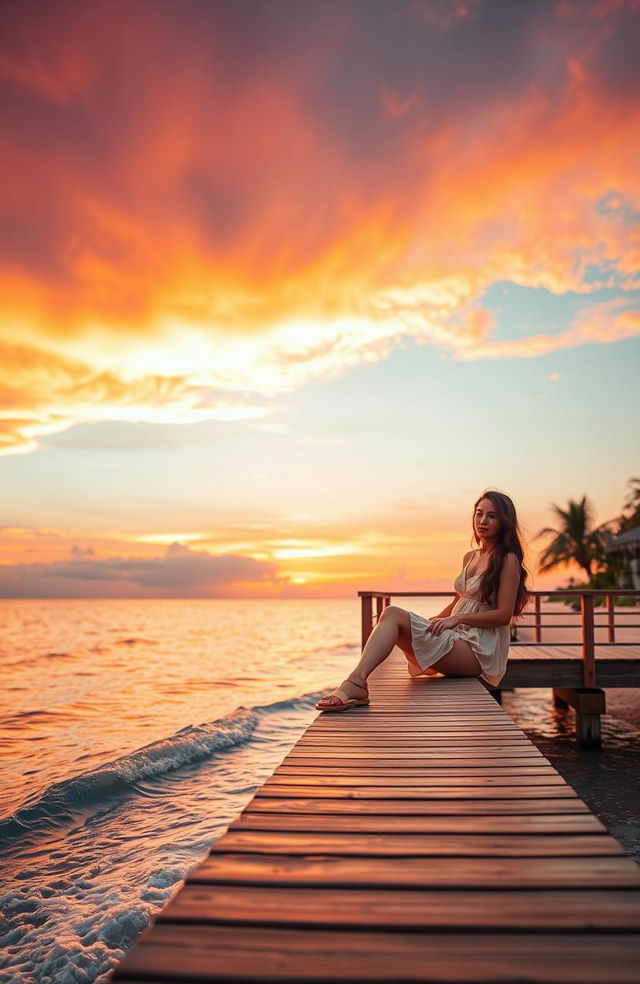 A tranquil sunset scene at a beach, with vibrant orange and pink hues filling the sky