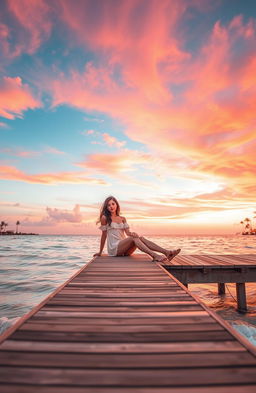 A tranquil sunset scene at a beach, with vibrant orange and pink hues filling the sky