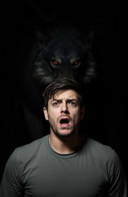 A man with a fearful expression stands in a dark, eerie setting