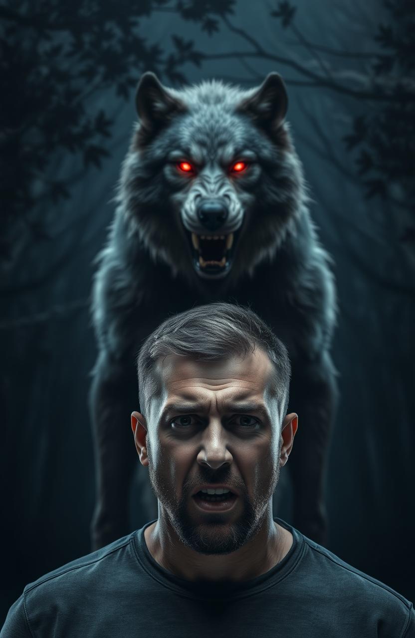 A man with a fearful expression stands in a dark, eerie setting