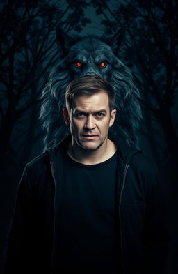 A man with a fearful expression stands in a dark, eerie setting