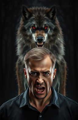 A man with a fearful expression stands in a dark, eerie setting