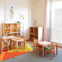 A bright and colorful Montessori classroom play area featuring educational toys, soft rugs, and wooden furniture.
