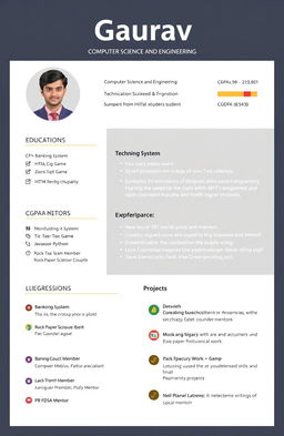 A professional and modern resume for Gaurav, a Computer Science and Engineering student, showcasing a stellar academic record with a CGPA of 9