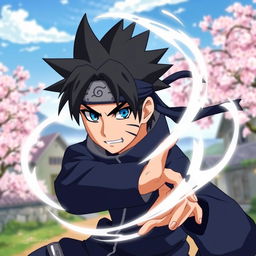 A Naruto character styled as a powerful ninja, with spiky black hair and vibrant blue eyes, wearing a traditional shinobi outfit in shades of dark blue and black with a ninja headband