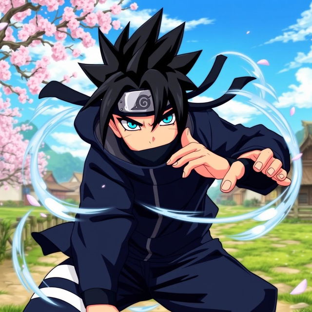 A Naruto character styled as a powerful ninja, with spiky black hair and vibrant blue eyes, wearing a traditional shinobi outfit in shades of dark blue and black with a ninja headband