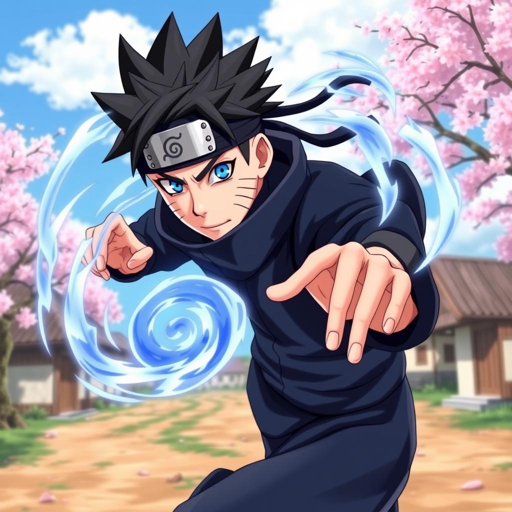 A Naruto character styled as a powerful ninja, with spiky black hair and vibrant blue eyes, wearing a traditional shinobi outfit in shades of dark blue and black with a ninja headband