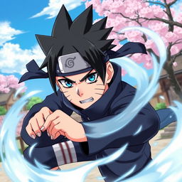 A Naruto character styled as a powerful ninja, with spiky black hair and vibrant blue eyes, wearing a traditional shinobi outfit in shades of dark blue and black with a ninja headband