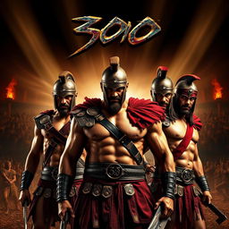 A movie poster inspired by the film '300', featuring strong, muscular warriors in a dramatic and epic pose