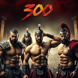 A movie poster inspired by the film '300', featuring strong, muscular warriors in a dramatic and epic pose