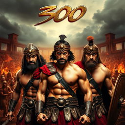 A movie poster inspired by the film '300', featuring strong, muscular warriors in a dramatic and epic pose
