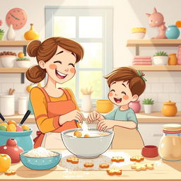 A whimsical and lighthearted scene showcasing a cartoon-style representation of a mother figure, lovingly engaging with her child while baking in a cozy kitchen filled with colorful ingredients and cheerful decorations