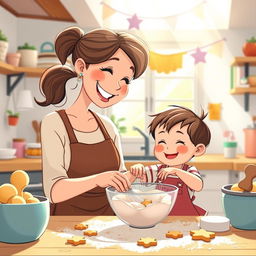 A whimsical and lighthearted scene showcasing a cartoon-style representation of a mother figure, lovingly engaging with her child while baking in a cozy kitchen filled with colorful ingredients and cheerful decorations