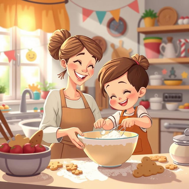 A whimsical and lighthearted scene showcasing a cartoon-style representation of a mother figure, lovingly engaging with her child while baking in a cozy kitchen filled with colorful ingredients and cheerful decorations