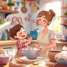 A whimsical and lighthearted scene showcasing a cartoon-style representation of a mother figure, lovingly engaging with her child while baking in a cozy kitchen filled with colorful ingredients and cheerful decorations
