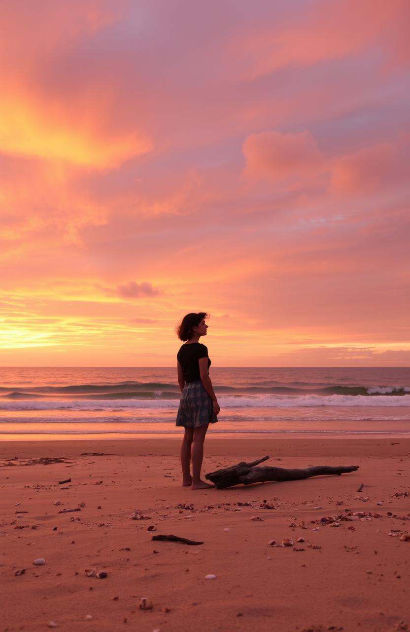 A solitary scene depicting the theme of loneliness, featuring a figure standing on a deserted beach at sunset