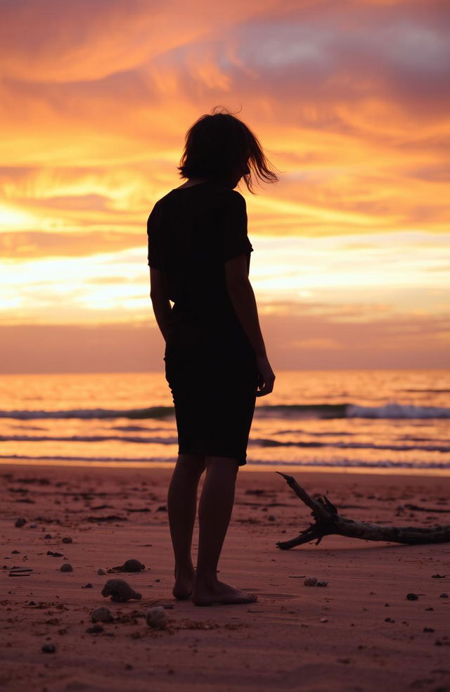 A solitary scene depicting the theme of loneliness, featuring a figure standing on a deserted beach at sunset