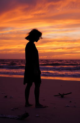 A solitary scene depicting the theme of loneliness, featuring a figure standing on a deserted beach at sunset