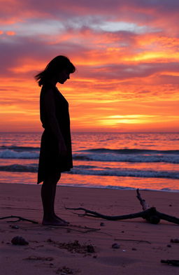 A solitary scene depicting the theme of loneliness, featuring a figure standing on a deserted beach at sunset