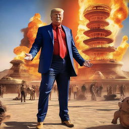 A high-resolution digital art piece featuring Donald Trump at the Burning Man festival