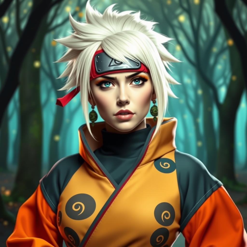 Lady Gaga reimagined as a Naruto character, featuring her iconic bold fashion style integrated into a ninja outfit