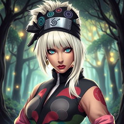 Lady Gaga reimagined as a Naruto character, featuring her iconic bold fashion style integrated into a ninja outfit