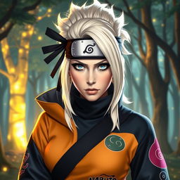 Lady Gaga reimagined as a Naruto character, featuring her iconic bold fashion style integrated into a ninja outfit