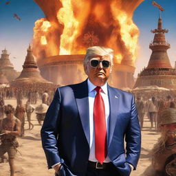 A high-resolution digital art piece featuring Donald Trump at the Burning Man festival