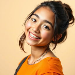 A stunning portrait of a young woman with braces, posing confidently