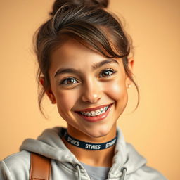 A stunning portrait of a young woman with braces, posing confidently