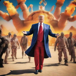 A high-resolution digital art piece featuring Donald Trump at the Burning Man festival