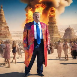 A high-resolution digital art piece featuring Donald Trump at the Burning Man festival