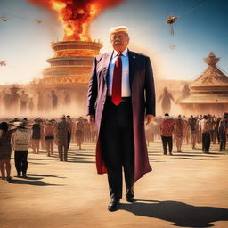 A high-quality digital art piece, vividly portraying Donald Trump at the Burning Man festival