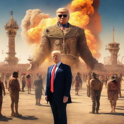 A high-quality digital art piece, vividly portraying Donald Trump at the Burning Man festival