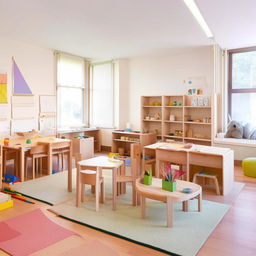 A bright and colorful Montessori classroom play area featuring educational toys, soft rugs, and wooden furniture.